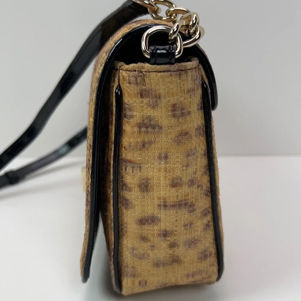 Kate Spade Woven Straw Crossbody Bag Gold Turn Lock Leopard Print Satchel Medium